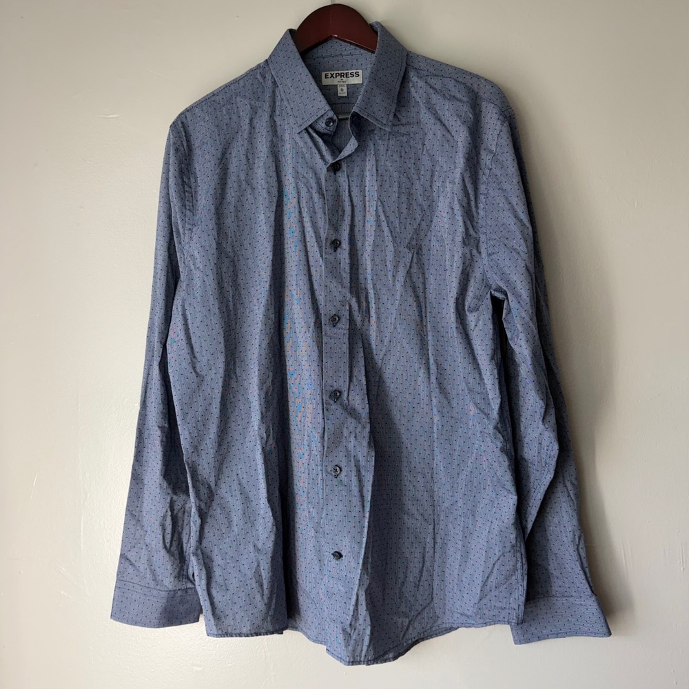 Express Fitted Dress Shirt Mens XL Blue White Micro Stripe Polka Dot Cotton